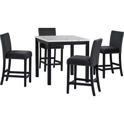 5-piece Counter Height Dining Table Set with One Faux Marble Top Dining Table and Four Velvet-Upholstered Chairs,Black