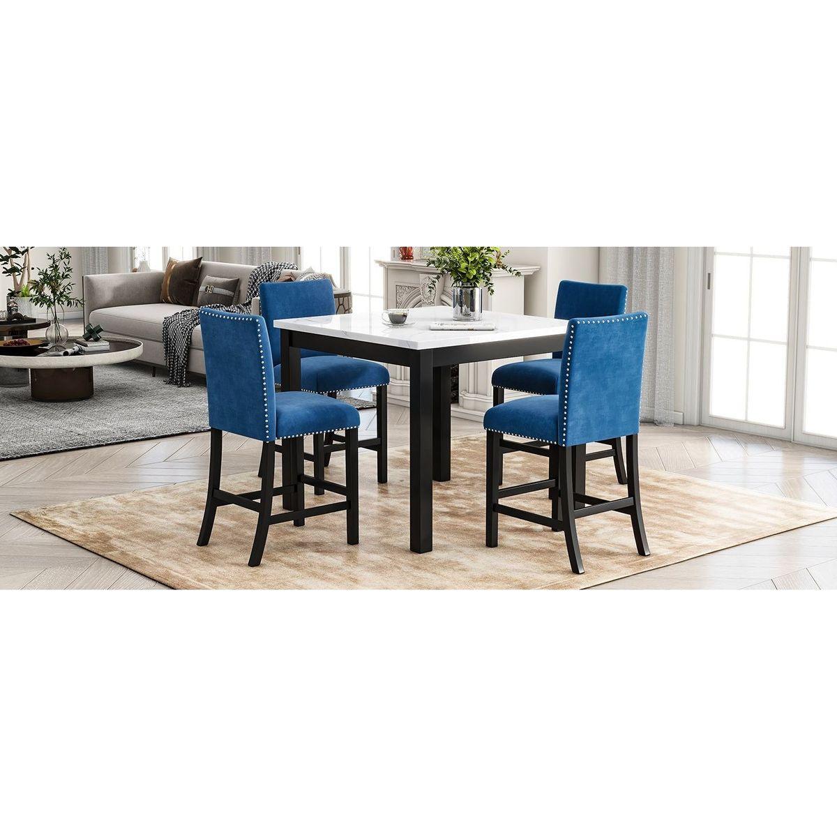 5-piece Counter Height Dining Table Set with One Faux Marble Top Dining Table and Four Velvet-Upholstered Chairs,Blue