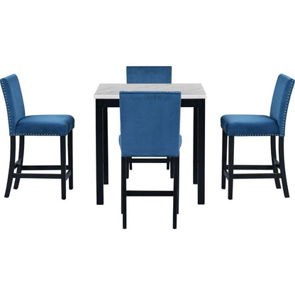 5-piece Counter Height Dining Table Set with One Faux Marble Top Dining Table and Four Velvet-Upholstered Chairs,Blue