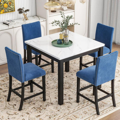 5-piece Counter Height Dining Table Set with One Faux Marble Top Dining Table and Four Velvet-Upholstered Chairs,Blue