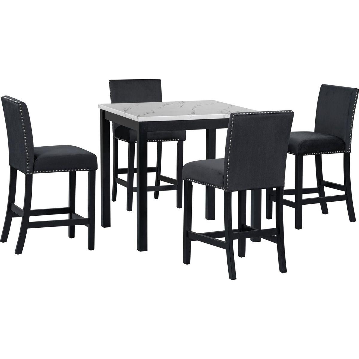 5-piece Counter Height Dining Table Set with One Faux Marble Top Dining Table and Four Velvet-Upholstered Chairs,Black