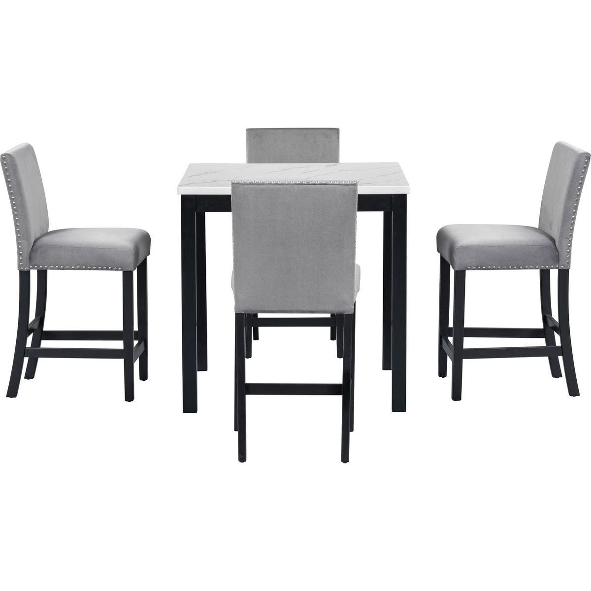 5-piece Counter Height Dining Table Set with One Faux Marble Top Dining Table and Four Velvet-Upholstered Chairs,Grey
