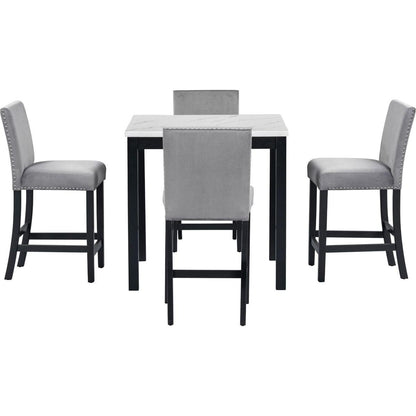 5-piece Counter Height Dining Table Set with One Faux Marble Top Dining Table and Four Velvet-Upholstered Chairs,Grey