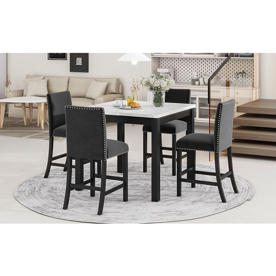 5-piece Counter Height Dining Table Set with One Faux Marble Top Dining Table and Four Velvet-Upholstered Chairs,Black