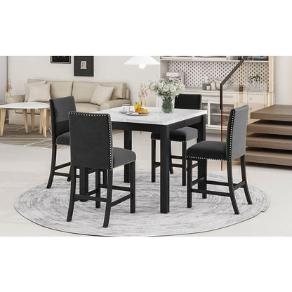 5-piece Counter Height Dining Table Set with One Faux Marble Top Dining Table and Four Velvet-Upholstered Chairs,Black
