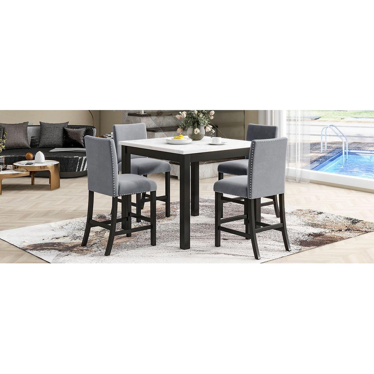 5-piece Counter Height Dining Table Set with One Faux Marble Top Dining Table and Four Velvet-Upholstered Chairs,Grey
