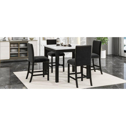 5-piece Counter Height Dining Table Set with One Faux Marble Top Dining Table and Four Velvet-Upholstered Chairs,Black