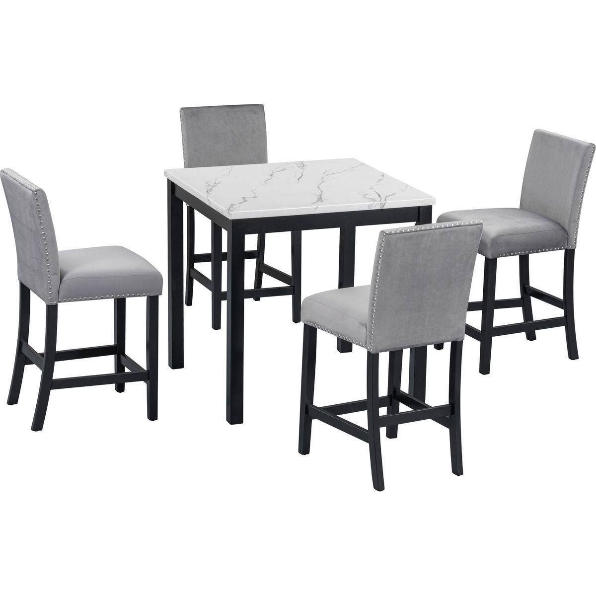 5-piece Counter Height Dining Table Set with One Faux Marble Top Dining Table and Four Velvet-Upholstered Chairs,Grey