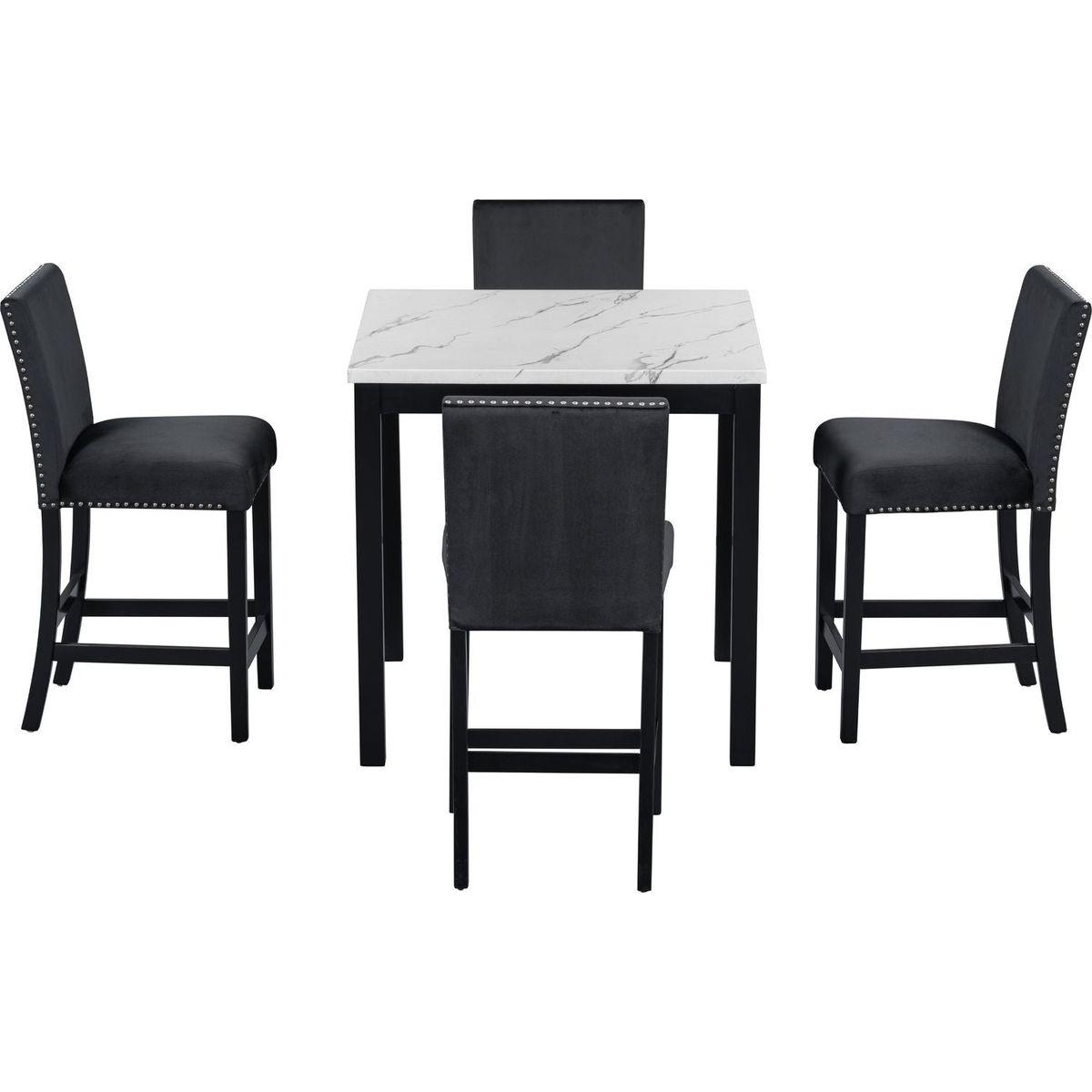 5-piece Counter Height Dining Table Set with One Faux Marble Top Dining Table and Four Velvet-Upholstered Chairs,Black