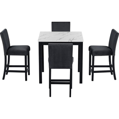 5-piece Counter Height Dining Table Set with One Faux Marble Top Dining Table and Four Velvet-Upholstered Chairs,Black