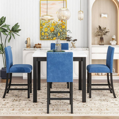 5-piece Counter Height Dining Table Set with One Faux Marble Top Dining Table and Four Velvet-Upholstered Chairs,Blue