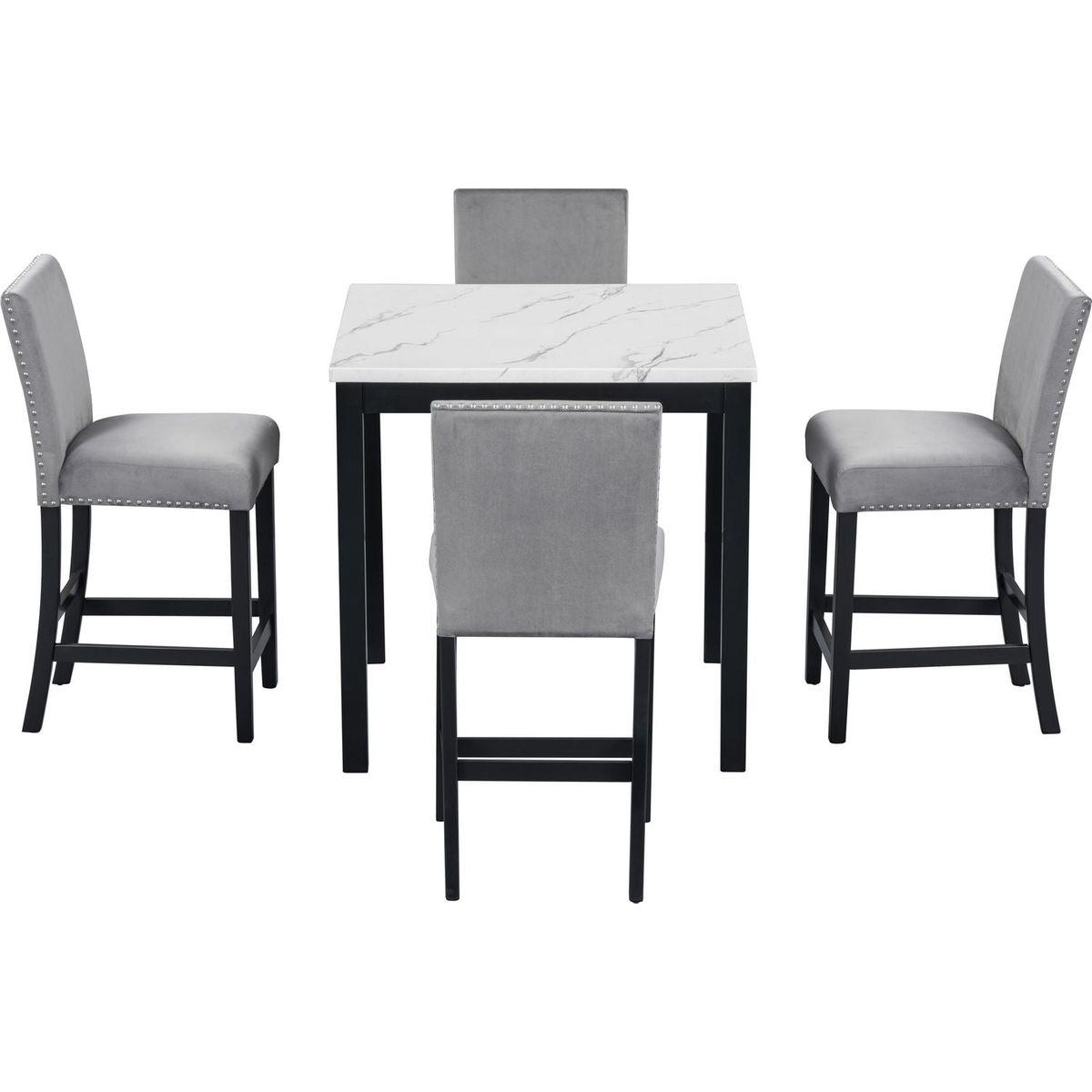 5-piece Counter Height Dining Table Set with One Faux Marble Top Dining Table and Four Velvet-Upholstered Chairs,Grey