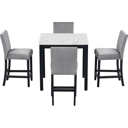 5-piece Counter Height Dining Table Set with One Faux Marble Top Dining Table and Four Velvet-Upholstered Chairs,Grey