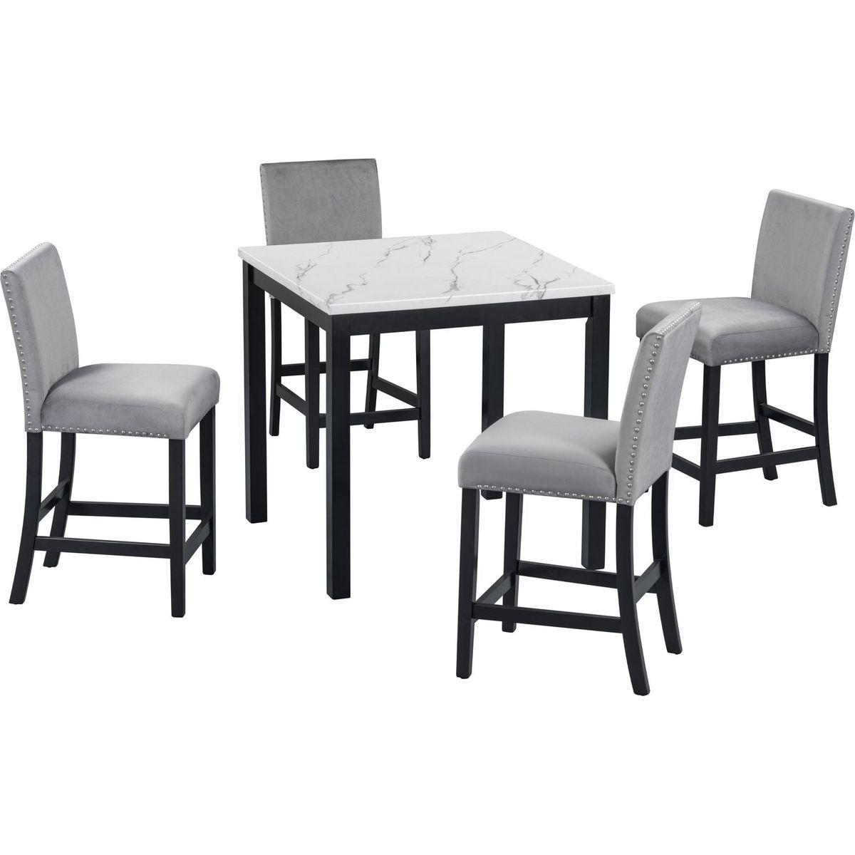 5-piece Counter Height Dining Table Set with One Faux Marble Top Dining Table and Four Velvet-Upholstered Chairs,Grey