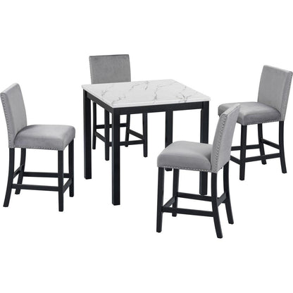 5-piece Counter Height Dining Table Set with One Faux Marble Top Dining Table and Four Velvet-Upholstered Chairs,Grey