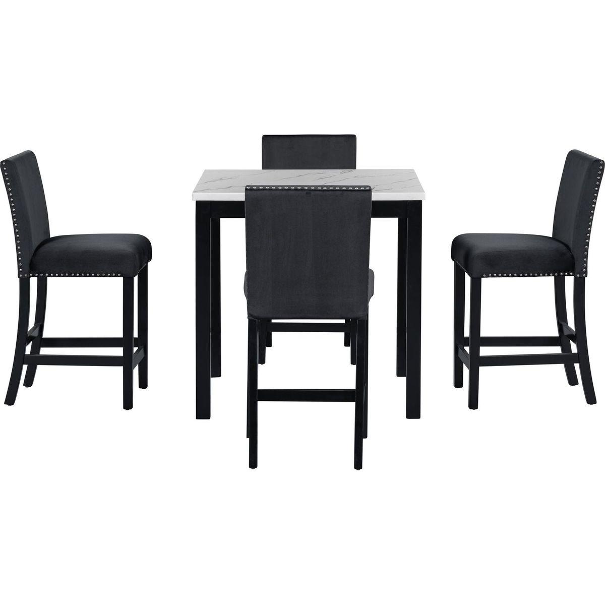 5-piece Counter Height Dining Table Set with One Faux Marble Top Dining Table and Four Velvet-Upholstered Chairs,Black