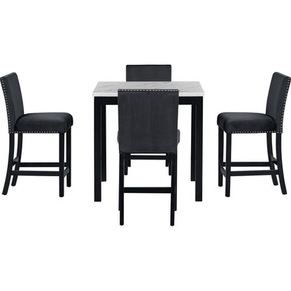 5-piece Counter Height Dining Table Set with One Faux Marble Top Dining Table and Four Velvet-Upholstered Chairs,Black