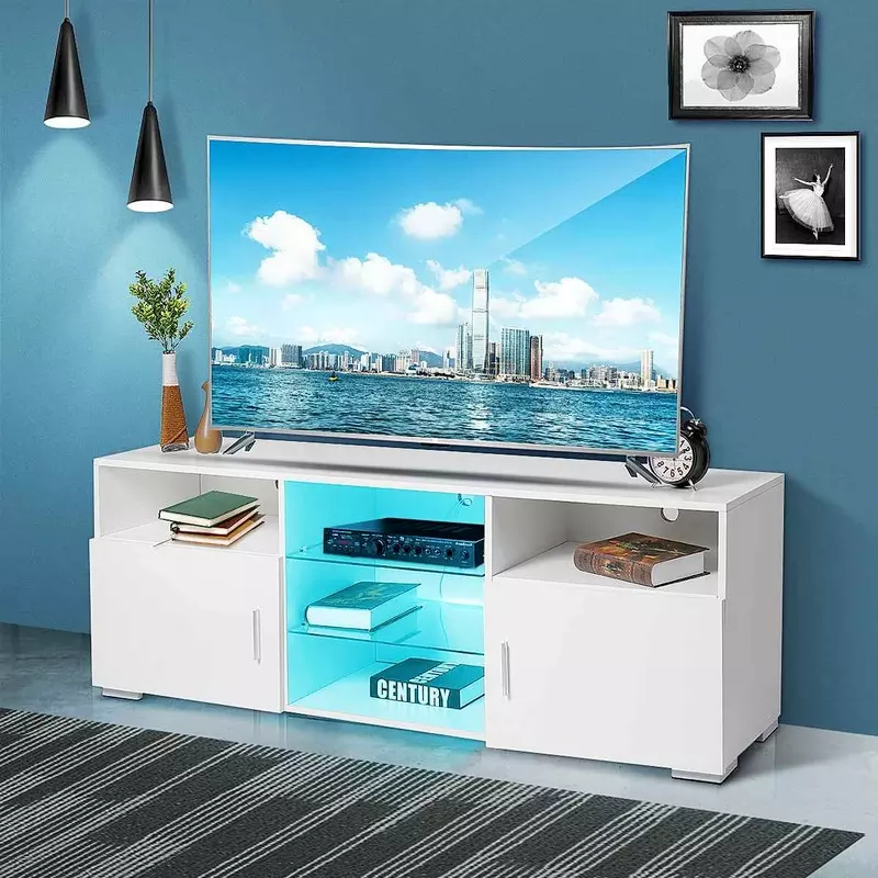 TV Stand for 32-60 inch TV, Modern Television Table Center Media Console with Drawer and Led Lights, Matt Entertainment Center for Living Game Room Bedroom.