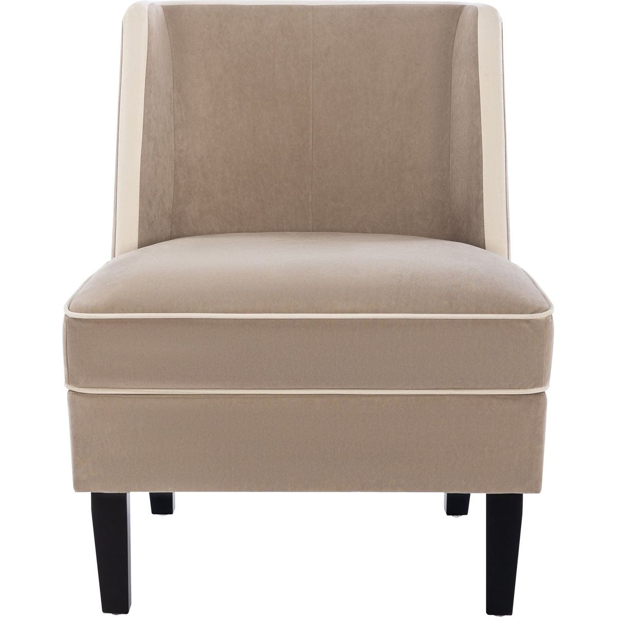 Velvet Upholstered Accent Chair with Cream Piping, Tan and Cream