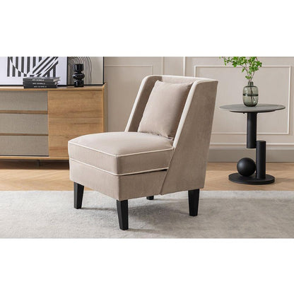 Velvet Upholstered Accent Chair with Cream Piping, Tan and Cream