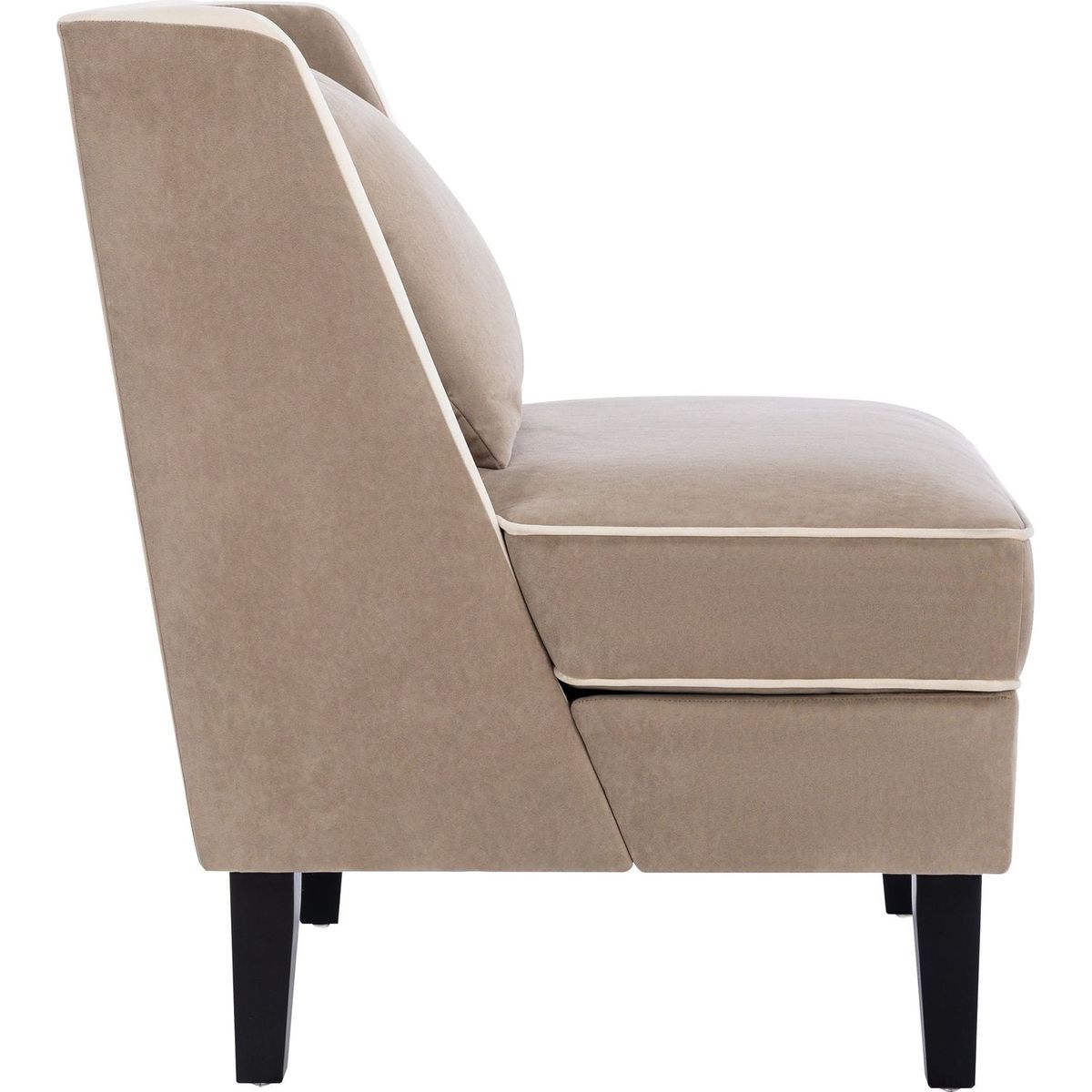 Velvet Upholstered Accent Chair with Cream Piping, Tan and Cream