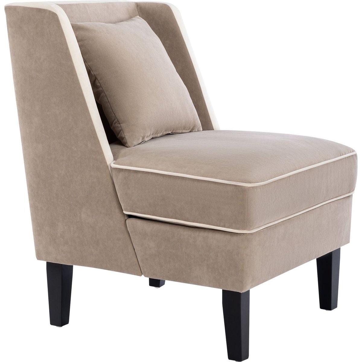 Velvet Upholstered Accent Chair with Cream Piping, Tan and Cream