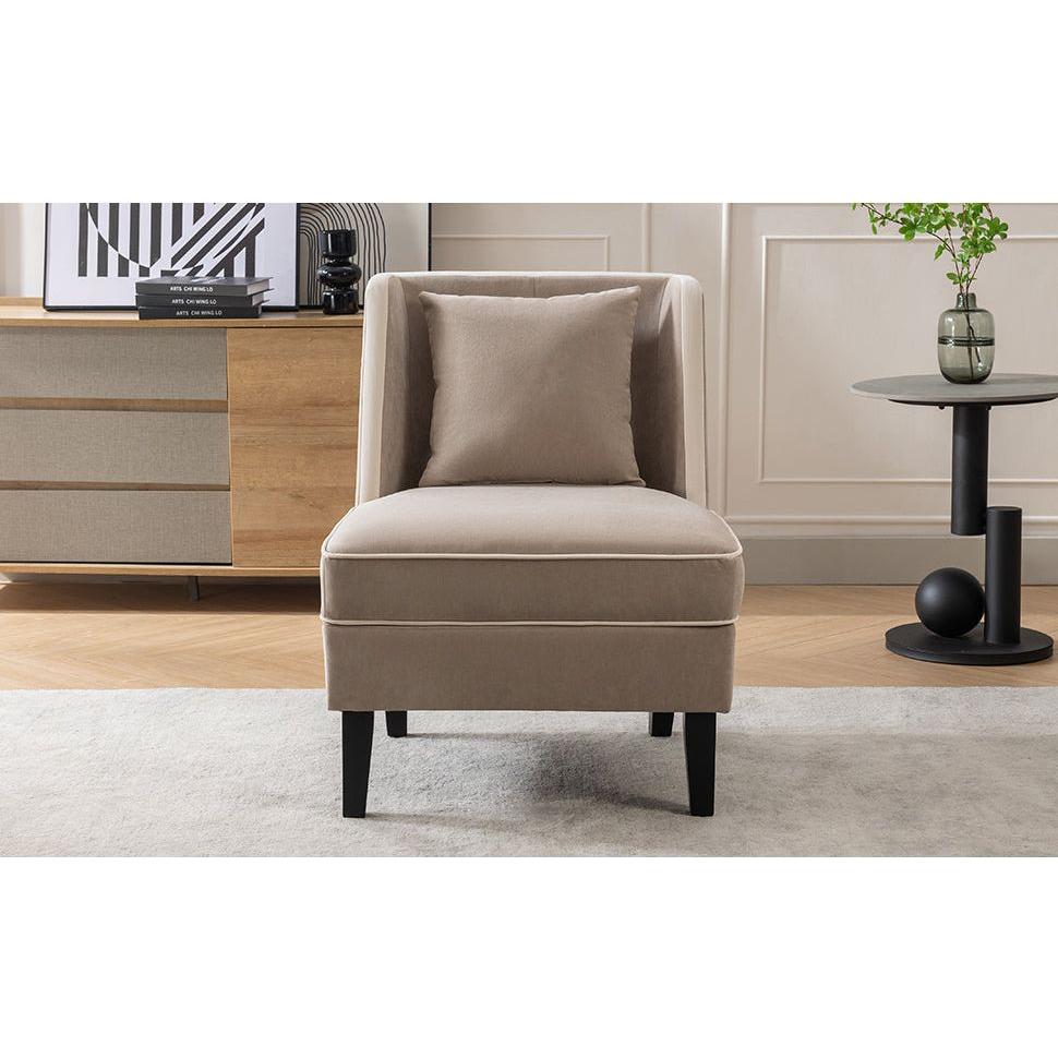 Velvet Upholstered Accent Chair with Cream Piping, Tan and Cream