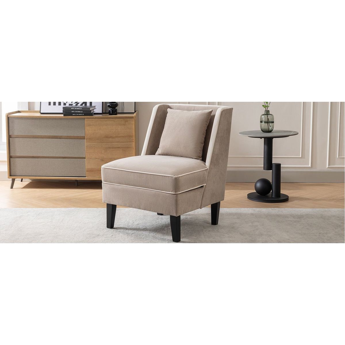 Velvet Upholstered Accent Chair with Cream Piping, Tan and Cream