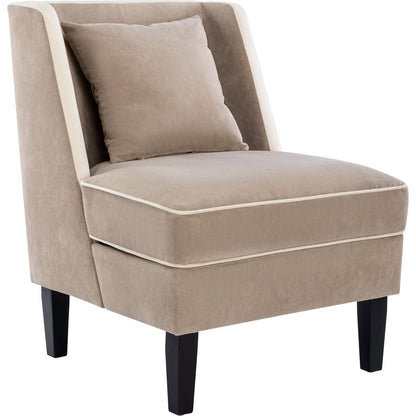 Velvet Upholstered Accent Chair with Cream Piping, Tan and Cream