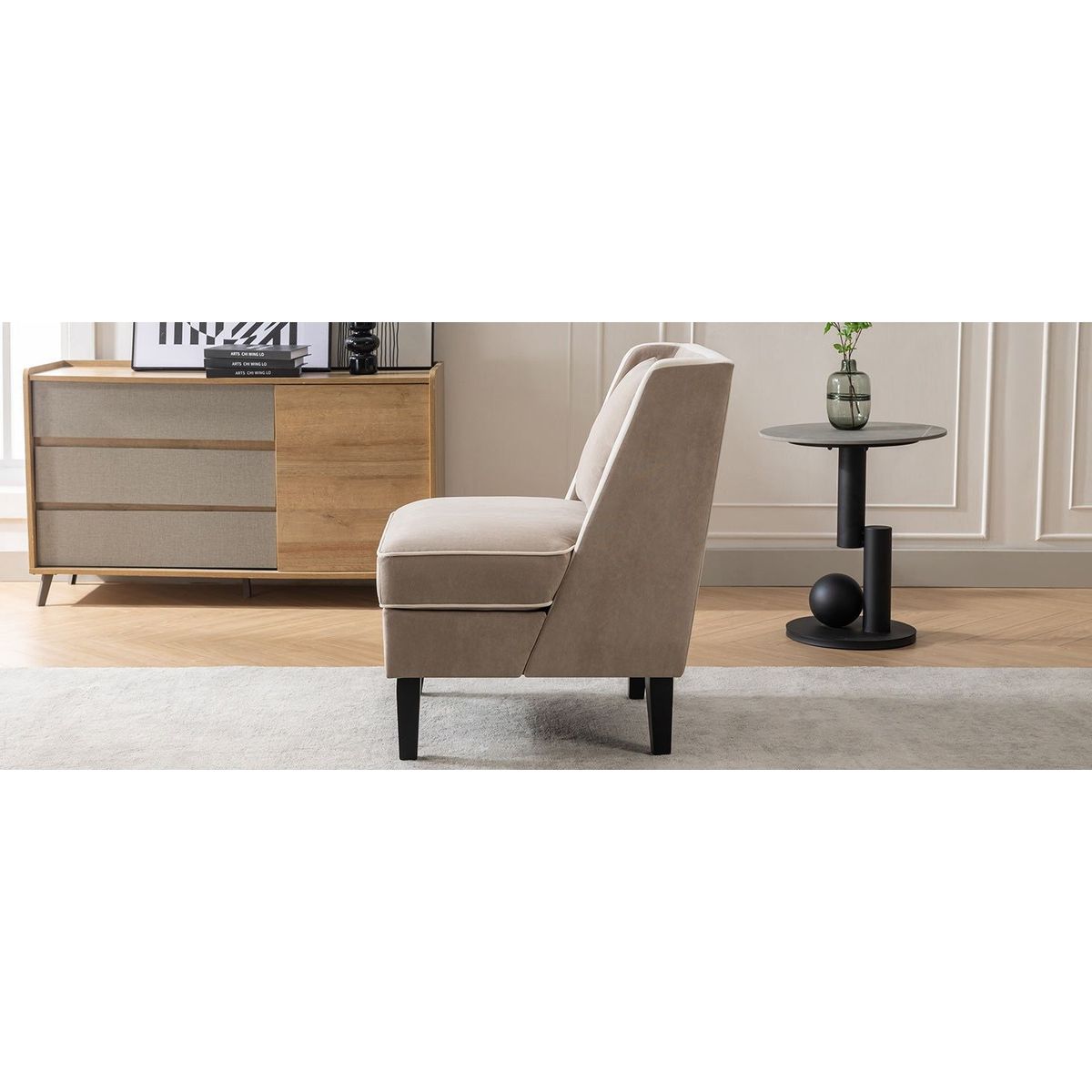 Velvet Upholstered Accent Chair with Cream Piping, Tan and Cream