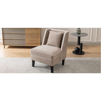 Velvet Upholstered Accent Chair with Cream Piping, Tan and Cream