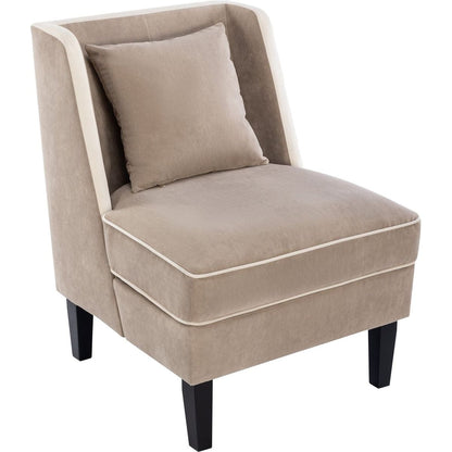 Velvet Upholstered Accent Chair with Cream Piping, Tan and Cream