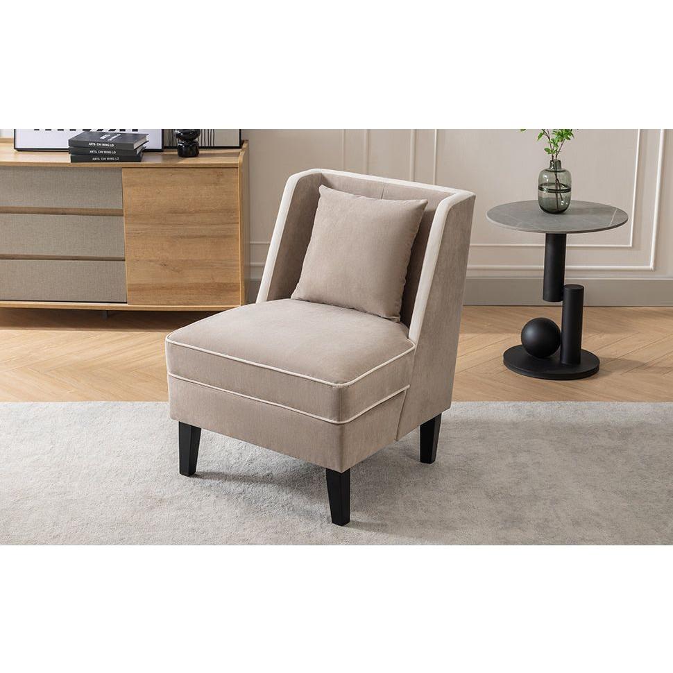 Velvet Upholstered Accent Chair with Cream Piping, Tan and Cream