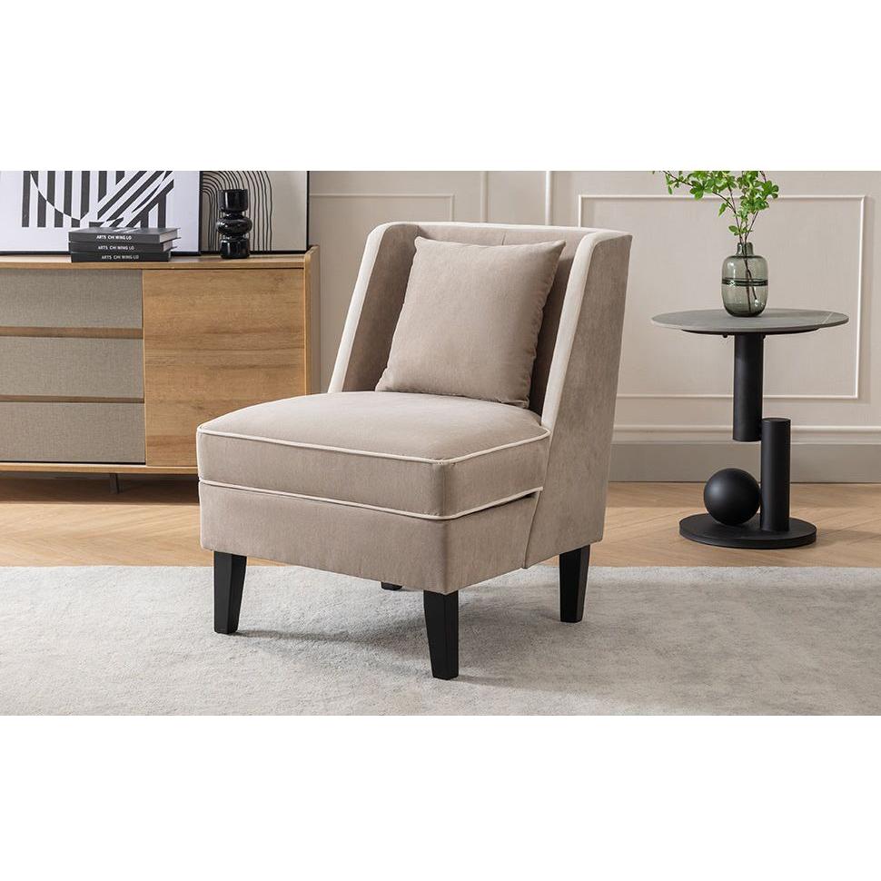 Velvet Upholstered Accent Chair with Cream Piping, Tan and Cream