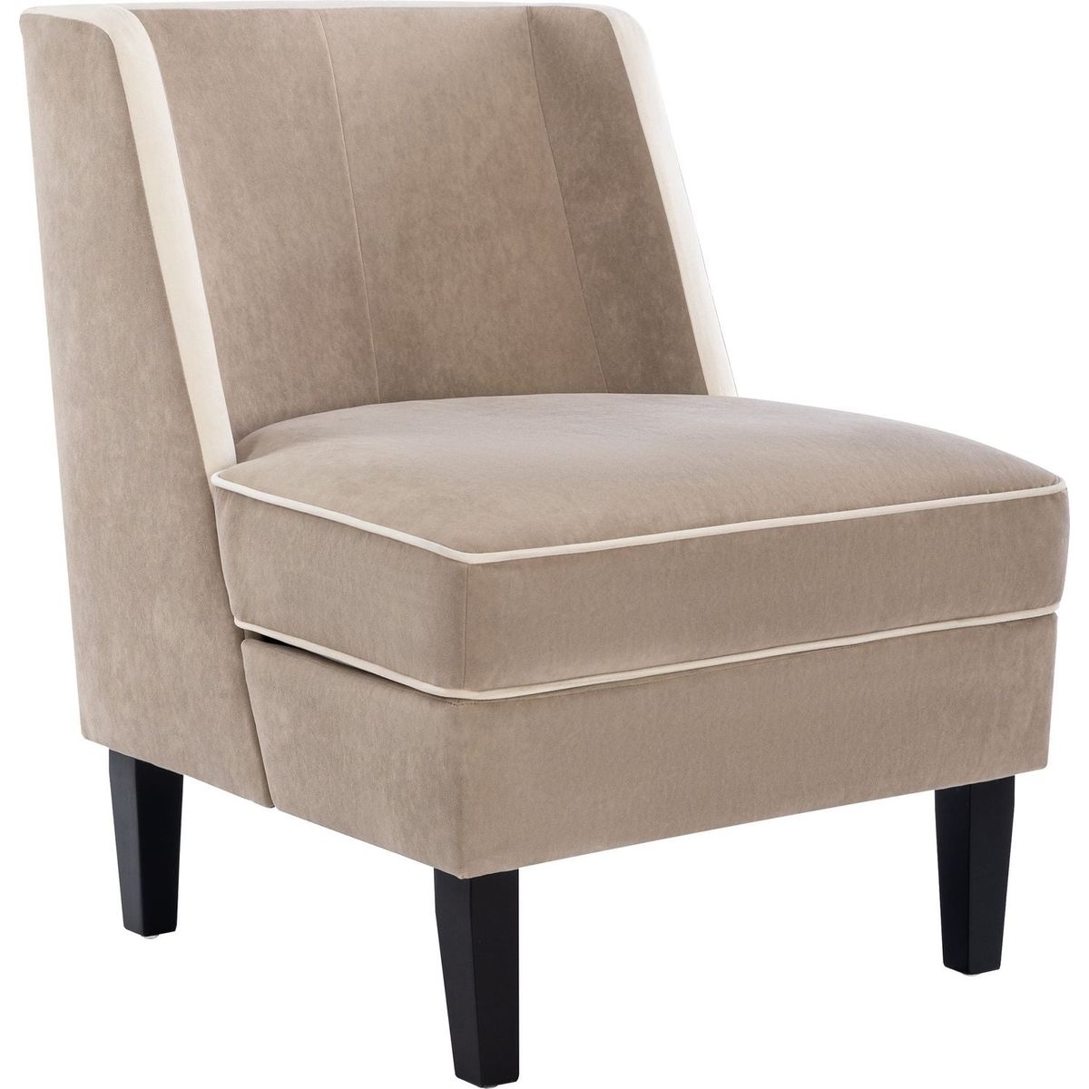 Velvet Upholstered Accent Chair with Cream Piping, Tan and Cream