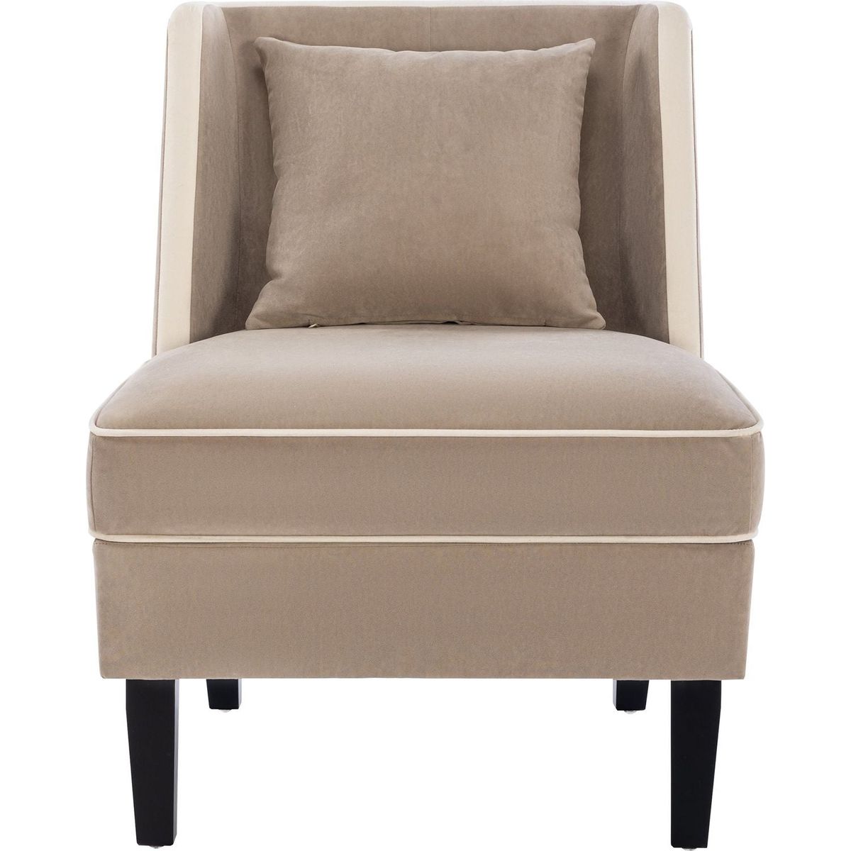 Velvet Upholstered Accent Chair with Cream Piping, Tan and Cream