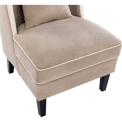 Velvet Upholstered Accent Chair with Cream Piping, Tan and Cream