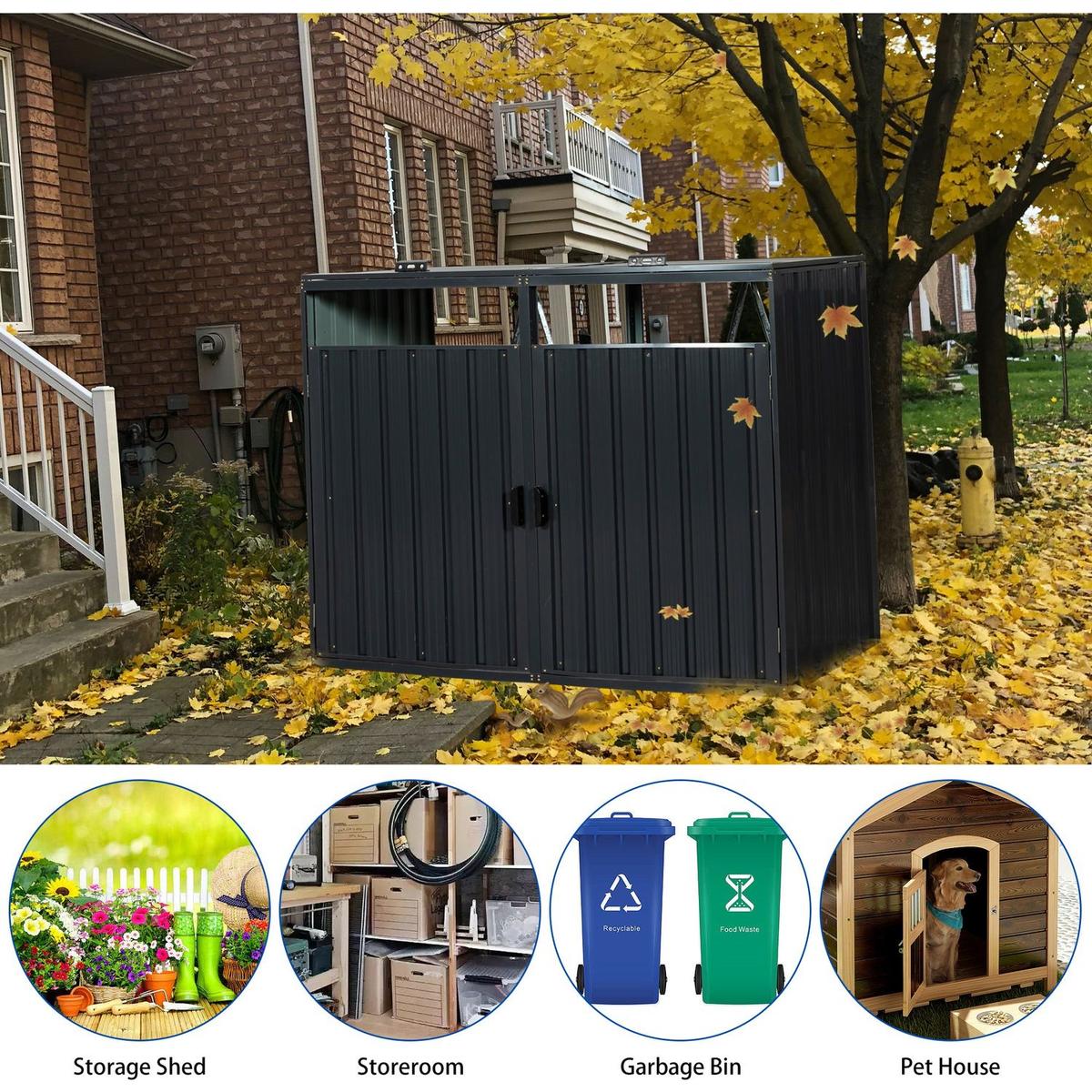 Garbage Bin Shed Stores 2 Trash Cans Metal Outdoor Bin Shed for Garbage Storage,Stainless Galvanized Steel, Bin Shed for Garden Yard Lawn