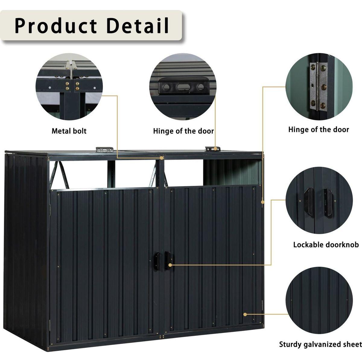 Garbage Bin Shed Stores 2 Trash Cans Metal Outdoor Bin Shed for Garbage Storage,Stainless Galvanized Steel, Bin Shed for Garden Yard Lawn