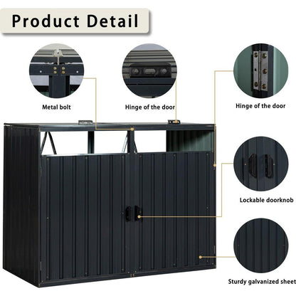 Garbage Bin Shed Stores 2 Trash Cans Metal Outdoor Bin Shed for Garbage Storage,Stainless Galvanized Steel, Bin Shed for Garden Yard Lawn