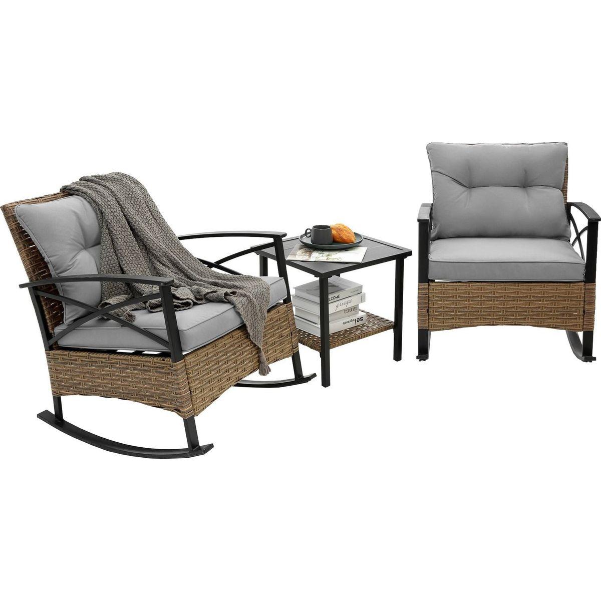 3pcs rocking rattan set wholesale leisure chair outdoor rattan rocking chair set grey