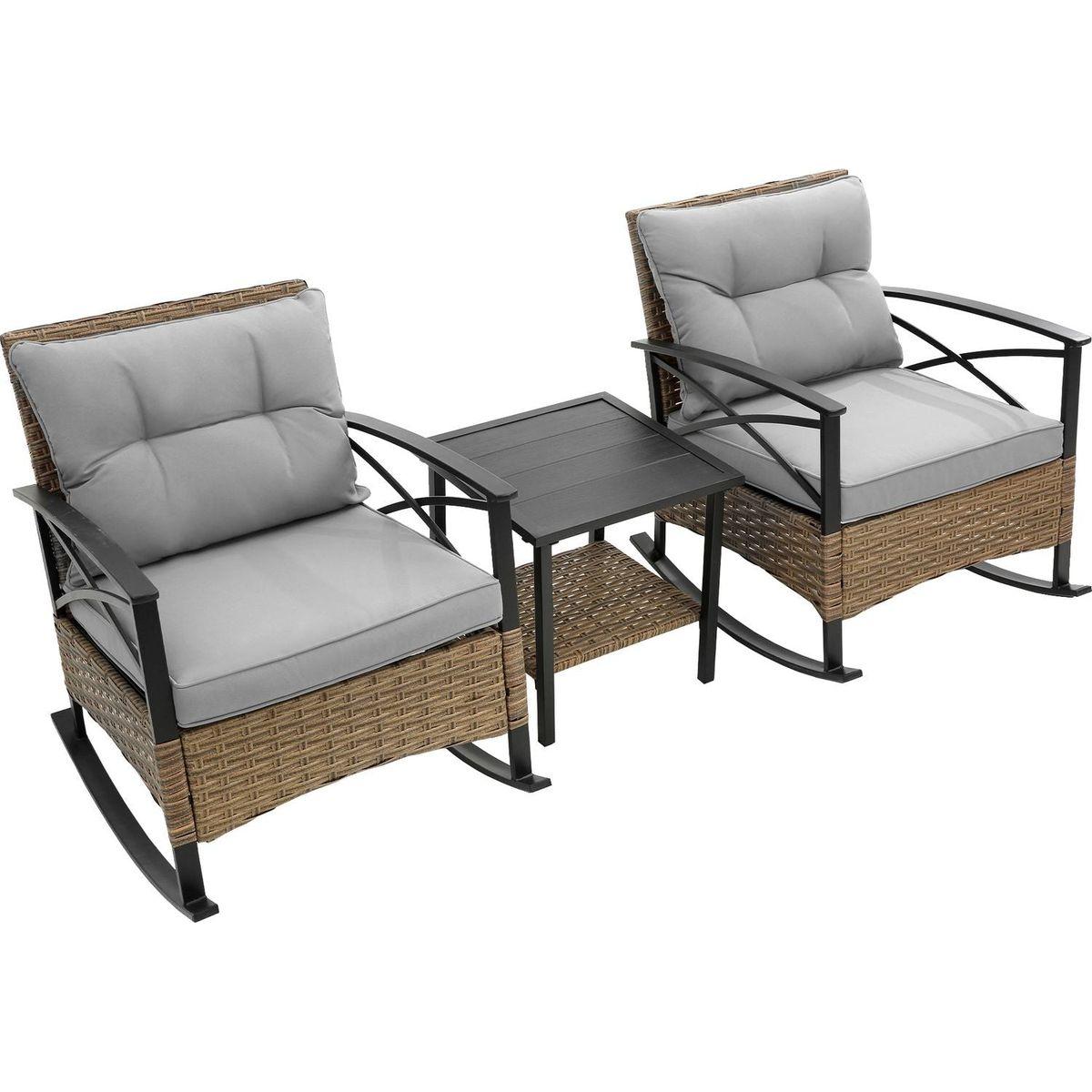 3pcs rocking rattan set wholesale leisure chair outdoor rattan rocking chair set grey