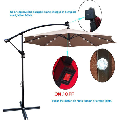 10 ft Outdoor Patio Umbrella Solar Powered LED Lighted Sun Shade Market Waterproof 8 Ribs Umbrella with Crank and Cross Base for Garden Deck Backyard Pool Shade Outside Deck Swimming Pool