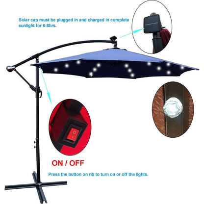 10 ft Outdoor Patio Umbrella Solar Powered LED Lighted Sun Shade Market Waterproof 8 Ribs Umbrella with Crank and Cross Base for Garden Deck Backyard Pool Shade Outside Deck Swimming Pool