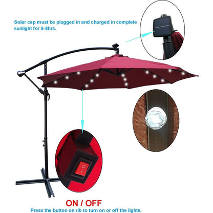 10 ft Outdoor Patio Umbrella Solar Powered LED Lighted Sun Shade Market Waterproof 8 Ribs Umbrella with Crank and Cross Base for Garden Deck Backyard Pool Shade Outside Deck Swimming Pool