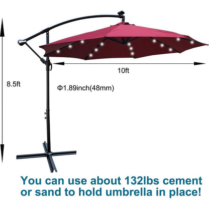 10 ft Outdoor Patio Umbrella Solar Powered LED Lighted Sun Shade Market Waterproof 8 Ribs Umbrella with Crank and Cross Base for Garden Deck Backyard Pool Shade Outside Deck Swimming Pool
