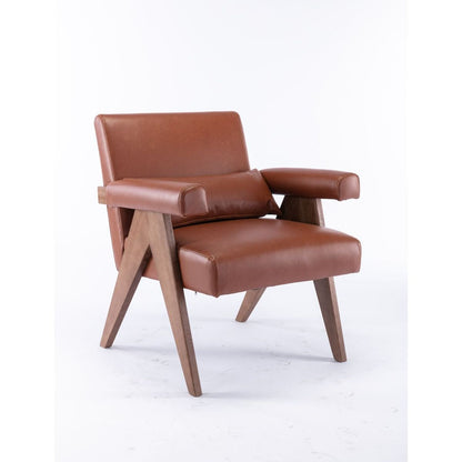 Accent chair, KD rubber wood legs with Walnut finish. PU leather cover the seat. With a cushion.Brown