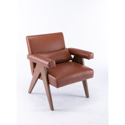 Accent chair, KD rubber wood legs with Walnut finish. PU leather cover the seat. With a cushion.Brown