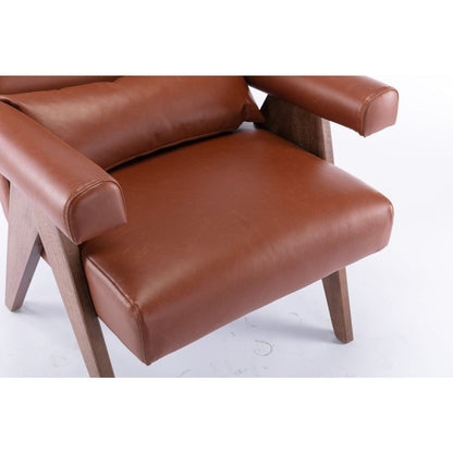 Accent chair, KD rubber wood legs with Walnut finish. PU leather cover the seat. With a cushion.Brown