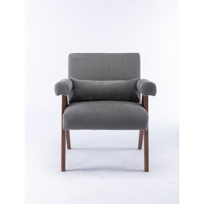 Accent chair, KD rubber wood legs with Walnut finish. Fabric cover the seat. With a cushion.Grey